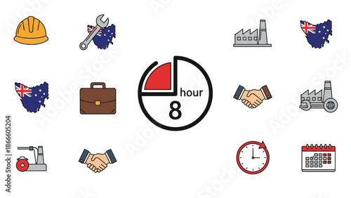 Yellow hard hat and blue Australia map with factory and clock around an 8 hour pie chart