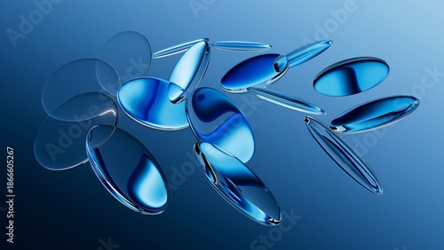 3d rendering. Abstract blue aesthetic background. Round glass lenses with reflective surface, floating on air, arranged chaotically