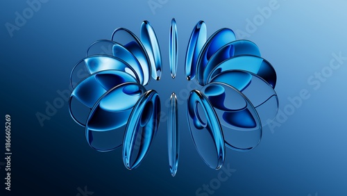 3d rendered round glass shapes with a reflective surface, arranged in shape of a torus, floating on air. Futuristic abstract background featuring blue lenses. Minimalist aesthetic concept