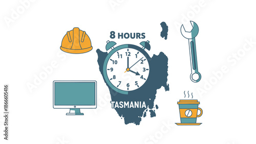 Clock with 8 hours marked on Tasmania map with tools and computer