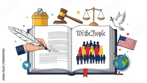 Open book with We the People text and diverse crowd being signed with quill pen