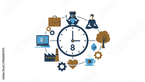 Clock with eight activities around it including cat meditation and coffee