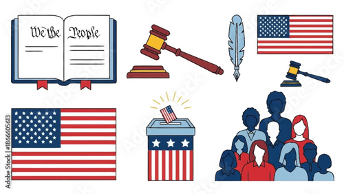 Open book with We the People text, gavel, feather, flags, ballot box, diverse group