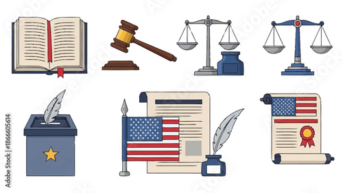Open book, gavel, scales, ballot box, American flag, certificate justice