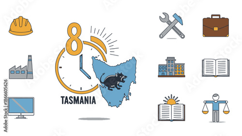 Clock with Tasmania map and various around it yellow blue