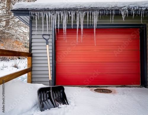 snow shovel beside garage with icicles on garage door and snow on ground