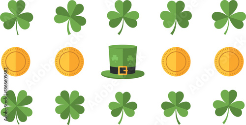 St patricks day icons including shamrocks, gold coins, and leprechaun hat