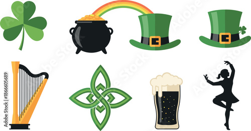 St patricks day icons including shamrock, leprechaun hat, harp, and beer