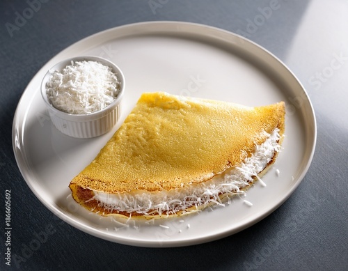 tapioca crepe with cheese and coconut on white plate minimal composition bright daylight authentic brazilian breakfast