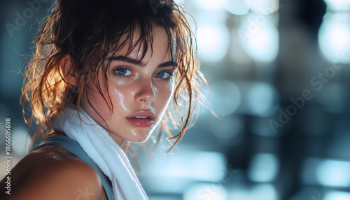 Beautiful Portrait of sexy young female in late 20s focused during gym workout white towel around neck wiping sweat. Soft, dramatic lighting highlights her face, muscles in moody atmosphere