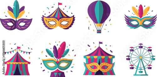 Colorful carnival masks and fairground icons in vibrant hues