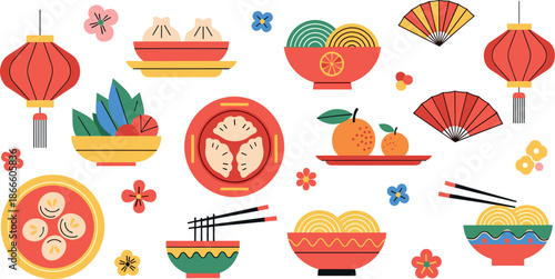 Colorful chinese new year themed icons and symbols