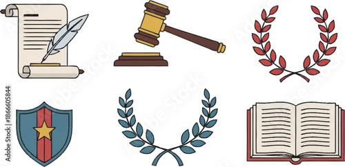 Set of six illustrated symbols including a scroll, gavel, book, shield, and laurel wreaths