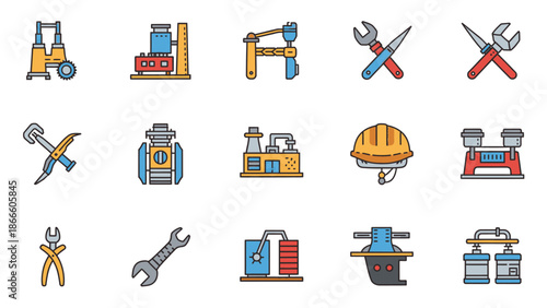 Colorful industrial equipment and tools set machinery construction