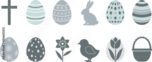 Easter icons in green hues on with eggs and bunny