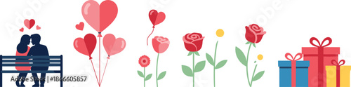 Valentines day icons with couple, flowers, gifts, and heart balloons