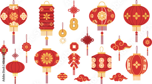 Collection of traditional chinese new year decorations and lanterns
