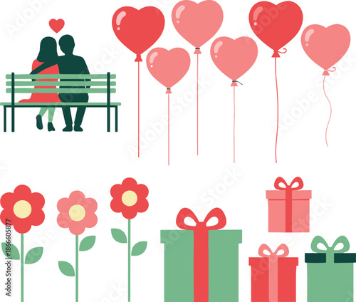 Couple on bench with heart balloons flowers and gifts