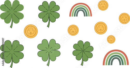 St patricks day icons including shamrocks, rainbows, and gold coins
