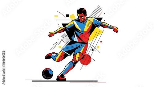 Retro Soccer Player Action Vector - 90s Art Deco Cubist Style World Cup 2026 Geometric Kick Pose Vintage Football Illustration