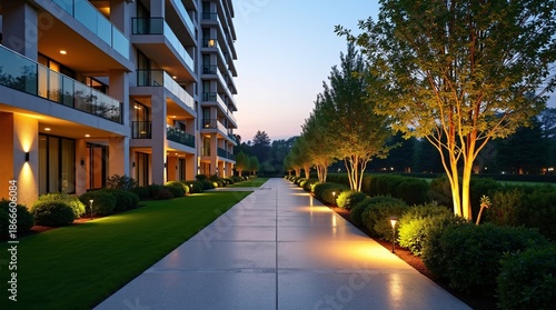 A sleek modern apartment building (with lit balconies and glass railings) at dusk, paired with a wide, smooth pathway. 