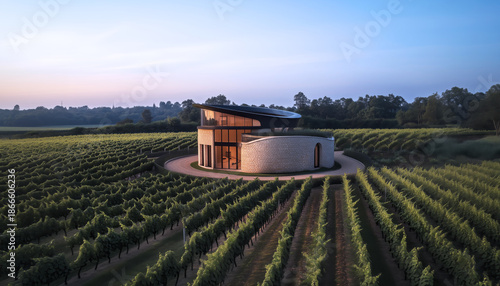 Modern winery architecture amidst green vineyards under clear blue sky. Stone design with contemporary curves in serene rural landscape. Aerial view highlights symmetry vibrant greenery and innovation