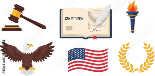 American Symbols Including Eagle Flag Constitution Gavel Flame Laurel