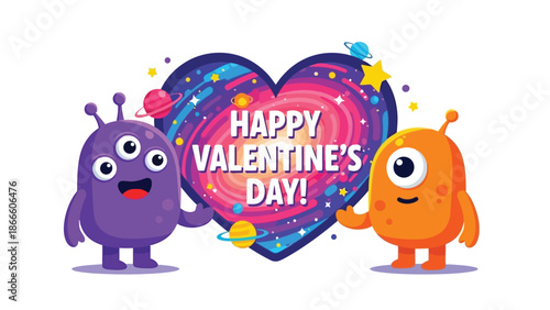 Two colorful cartoon monsters standing beside a heart-shaped Valentine's Day greeting on a clean white background with festive decorations.