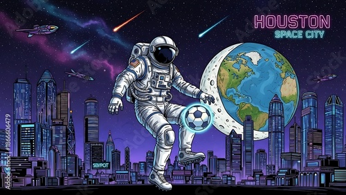 Astronaut Soccer Space Vector - Houston Keepy Uppy World Cup 2026 Cosmic Football Futuristic Sport Galaxy Star Illustration