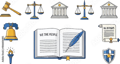 Blue and gold hand-drawn legal and government symbols on white background