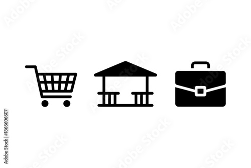 A set of three minimalist icons representing shopping, travel, and business on a white background