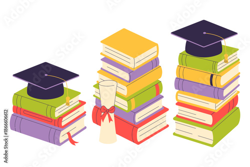 A colorful vector illustration of graduation caps on stacks of books, symbolizing education and learning