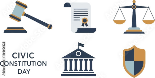 Civic Constitution Day with gavel, document, scales, building, and shield