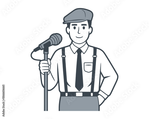 A minimalist vector illustration of a smiling man holding a microphone