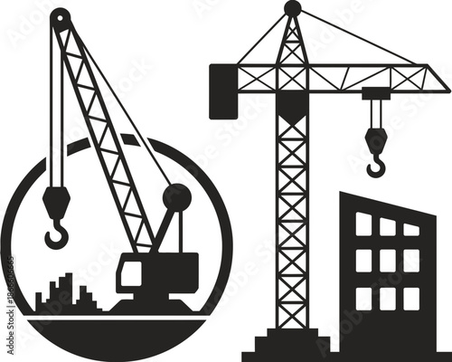 A black and white vector graphic illustration of construction cranes and a building