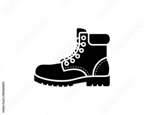 A black and white vector illustration of a rugged work boot with laces and a thick sole