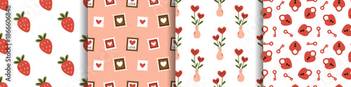 Vector seamless pattern set of cute strawberry, love stamp, heart flower vase, heart padlock with key. Romantic Valentines day print collection for wrapping paper, wallpaper, holiday gift design.