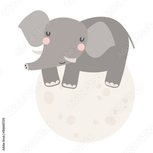 Cute baby elephant sleeping on the moon, isolated on transparent. Hand drawn flat vector illustration. Kawaii cartoon character. Kids fashion, textile print, poster, card, wall art, baby shower invite
