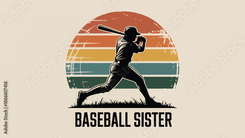 Vintage baseball sister sunset design with a silhouette of a batter swinging a bat Vector