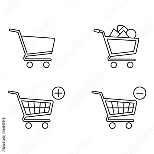 Line art icons depicting shopping carts plus and minus signs visible