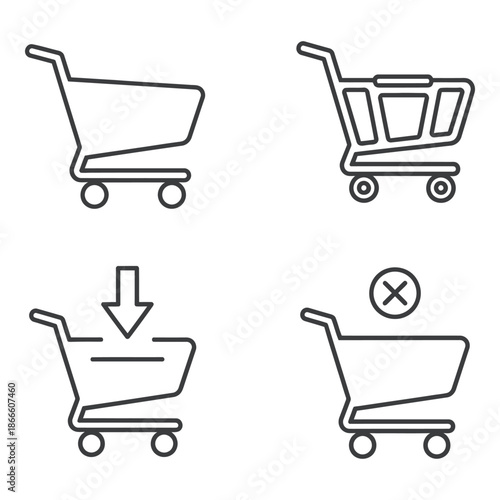 Simple line icons depicting shopping carts with variations in style and status