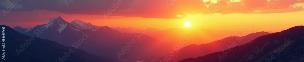 Obraz premium Golden hour light illuminates a mountain range at sunrise, golden hour, sky