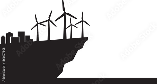 Silhouette of wind turbine farm on cliff with city buildings in distance for renewable energy