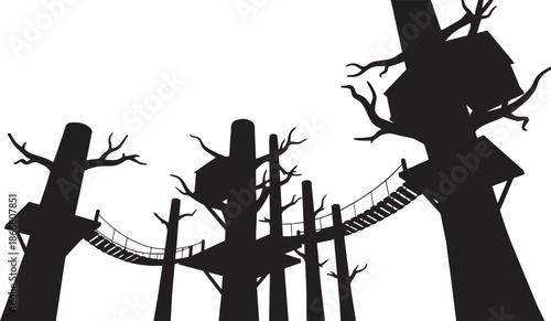 Treehouse silhouette forest playground park rope bridge hanging platforms outdoor camp adventure