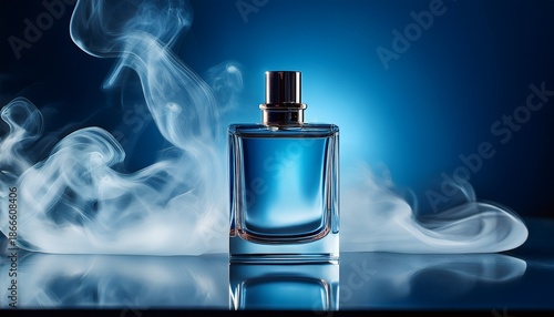 Photo Of A Bottle Of Mens Perfume On A Blue Background With Smoke