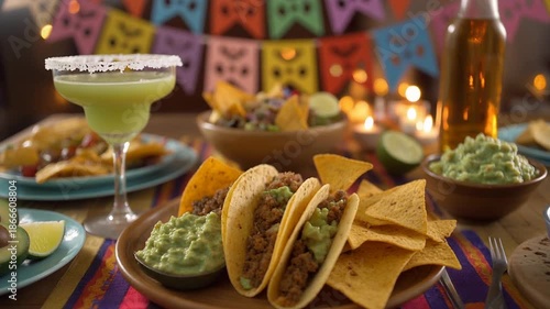 Festive Fiesta Feast: A vibrant table laden with the flavors of a fiesta, showcasing savory tacos, zesty guacamole, crispy tortilla chips, refreshing cocktails, and bottles of beverage.