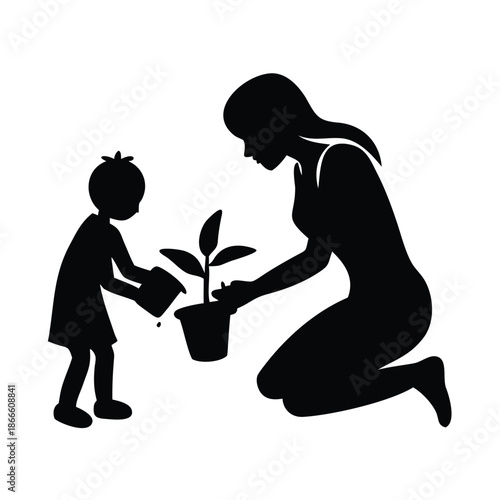 Gardening Together: Mother And Child Planting Seedling Growth
