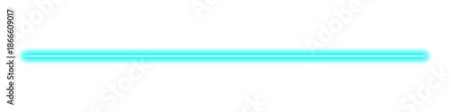 Straight cyan neon light glowing line on transparent background.