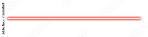 Straight red neon light glowing line on transparent background.