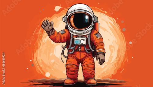 Astronaut Waving in Space Suit Against Orange Background.